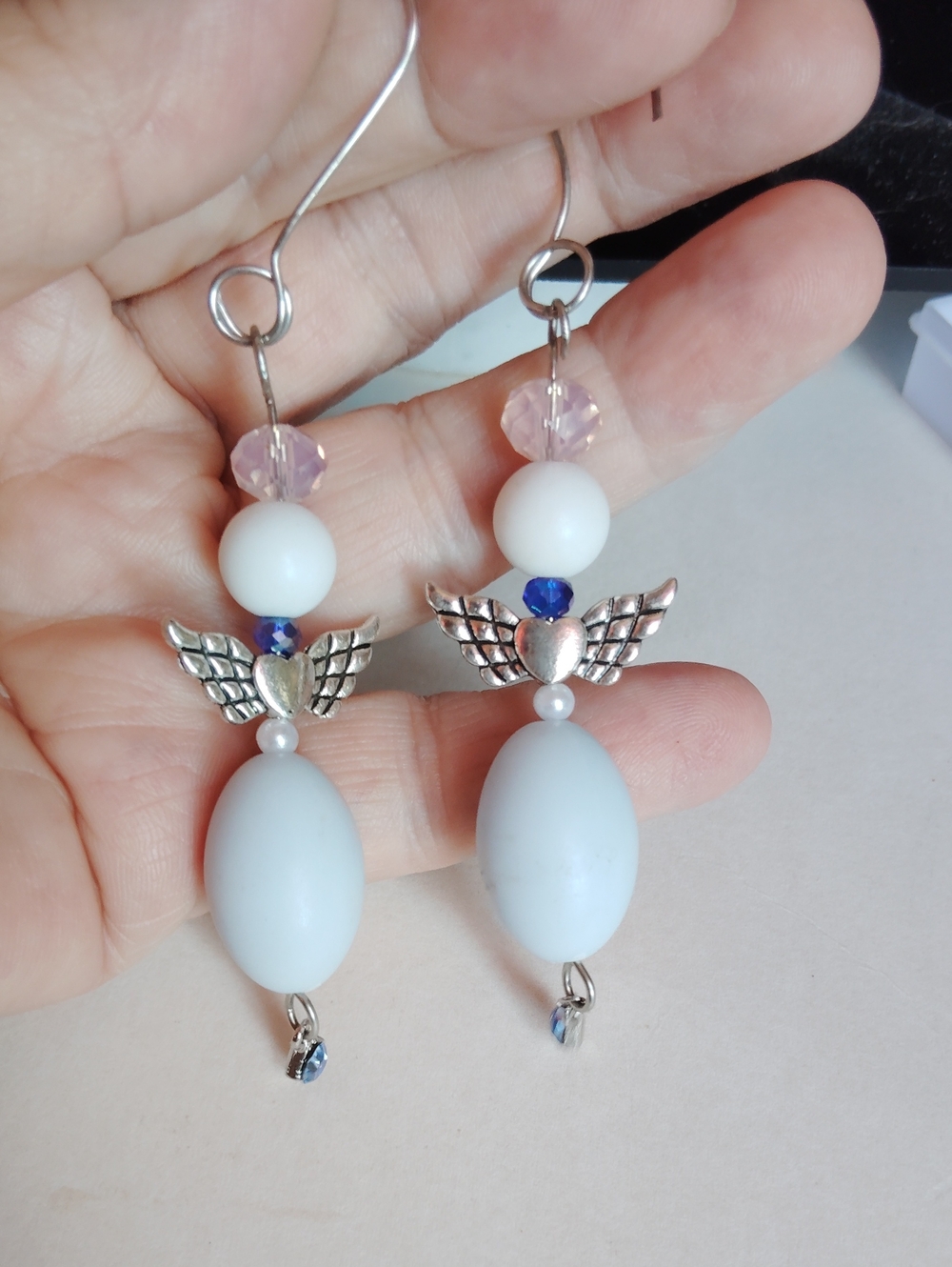 Handmade Angel Drop Earrings Light And Sparkle Blue White Silver - Pink Halo
